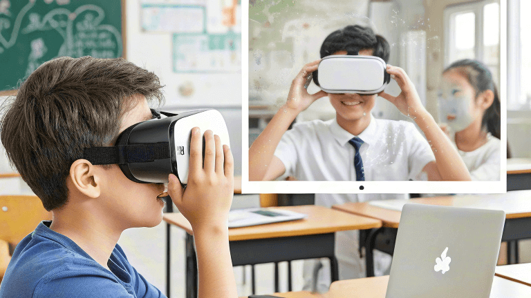 一张展示VR视频在教育、医疗或游戏领域应用的图片，如学生佩戴VR眼镜上课、医生使用VR进行手术模拟或玩家在虚拟世界中畅游