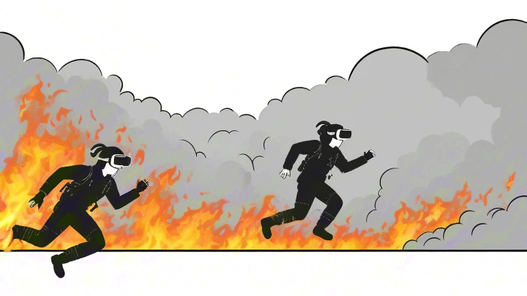 VR火灾逃生体验图：模拟火灾逃生场景，展示体验者在烟雾弥漫的虚拟环境中寻找安全出口并逃离现场